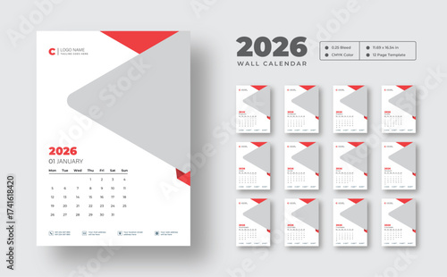 2026 wall calendar template with 12 monthly pages and planner  | Week starts on Monday | Minimal layout for corporate, office, business or professional use