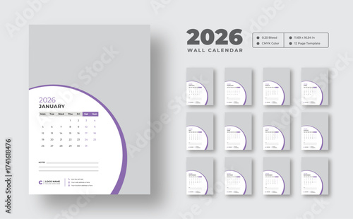 Printable 2026 wall calendar | Editable 12-month planner template | Week starts on Monday | Minimal layout for studio, office, or home