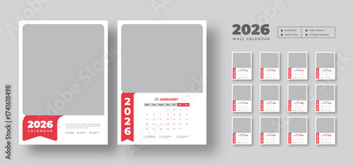 2026 wall calendar template | Week starts on Monday | Monthly planner in 12-page vector format | Printable wall design with clean editable layout