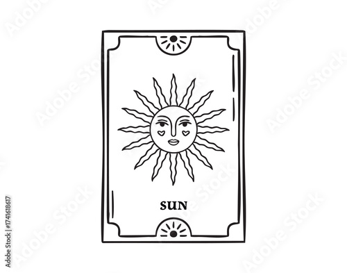 Tarot card sun with smiling face, joyful celestial arcana, hand drawn, line art outline, hand drawn
