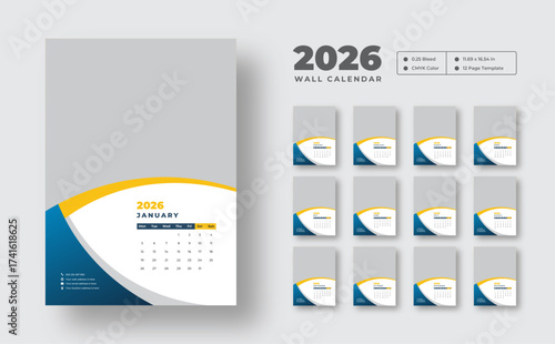 2026 wall calendar template | Week starts on Monday | Monthly planner in 12-page vector format | Printable wall design with clean editable layout