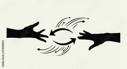 Two reaching hands with a swirling energy exchange between them symbolizing connection and communication