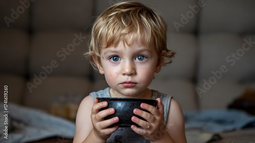 Boy holding a bowl of food, looking curious and innocent.