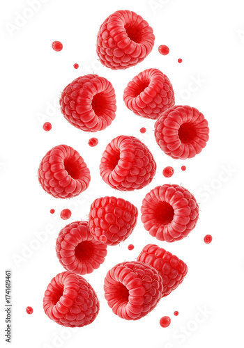 Falling raspberries isolated transparent background