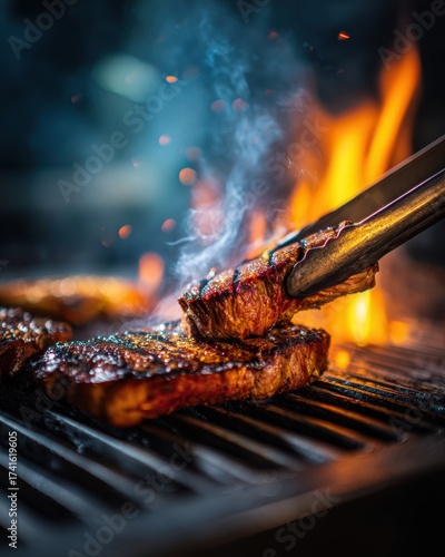 Grilling Juicy Steaks on a Summer Evening With Vibrant Flames