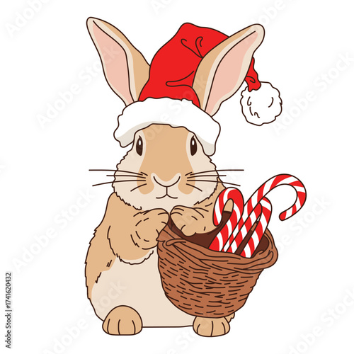 cute bunny wearing a santa hat with a basket of candy canes, Christmas rabbit illustration