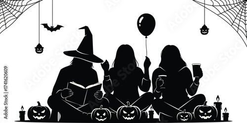 Halloween costume celebrant Halloween celebration. Witches with pumpkins icon vector silhouette. Spooky Halloween night story