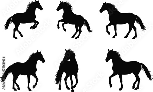 Horse silhouettes vector set, rearing horse, galloping horse, dynamic equestrian poses, farm animal artwork, livestock design, countryside illustration