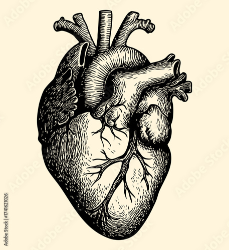 Vintage anatomical heart illustration in engraved style. Detailed medical drawing perfect for tattoo art, biology posters, vintage prints, and gothic or anatomical vector designs