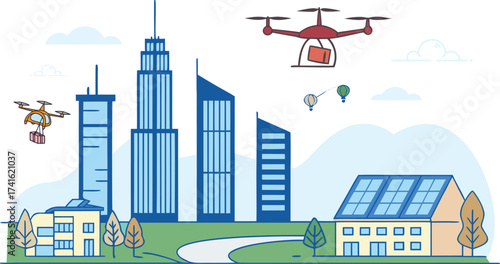 Futuristic Smart City with Delivery Drones and Solar