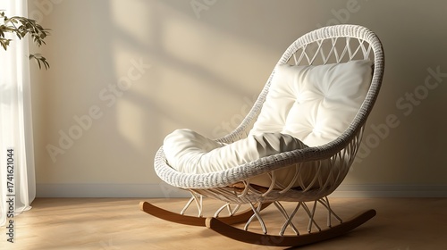 Comfortable white cushioned wicker rocking chair in sunlit room