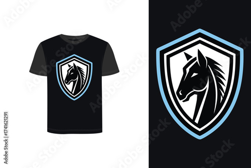 Tshirt mockup horse head emblem shield with blue trim t shirt badge
