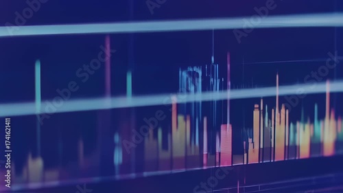 Abstracted data graph with blurred, colorful bars, and horizontal light lines