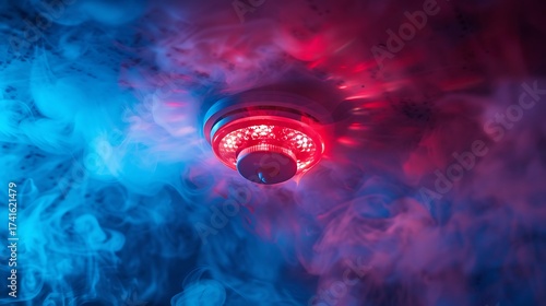 Fire alarm sensor surrounded by red light and smoke
