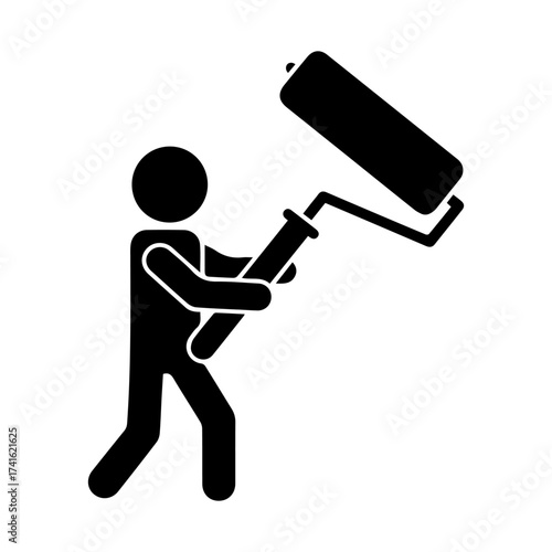 Painter worker with paint roller silhouette icon, man painting wall vector illustration.