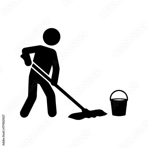 Cleaner worker mopping floor with bucket silhouette icon, janitor cleaning service vector illustration.