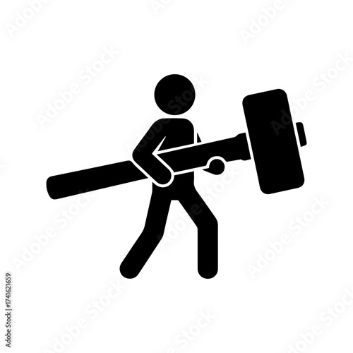 Silhouette of worker carrying big hammer icon, stickman with sledgehammer pictogram, construction labor symbol, demolition worker illustration, heavy tool, industrial repair and strength concept.