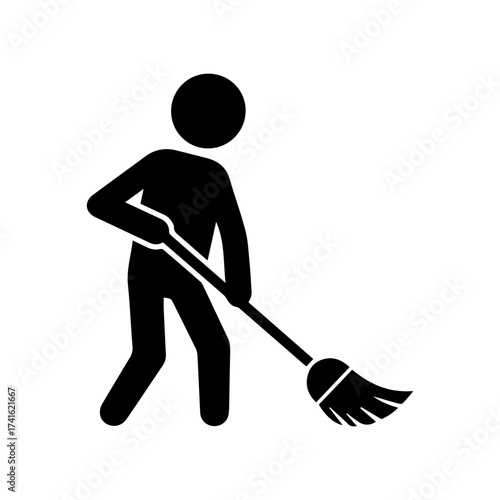 Silhouette of janitor sweeping floor icon, stickman with broom pictogram, cleaning worker symbol, hygiene maintenance concept, housekeeper illustration, sanitation labor, and cleanliness.