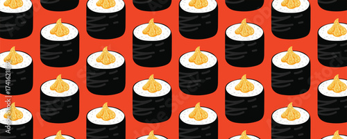 Sushi rolls seamless pattern for Asian restaurant design, menu decoration, packaging, and branding
