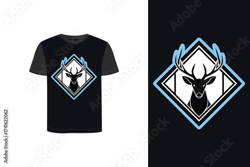 Tshirt mockup minimalist stag head logo in diamond frame with blue outline deer animal