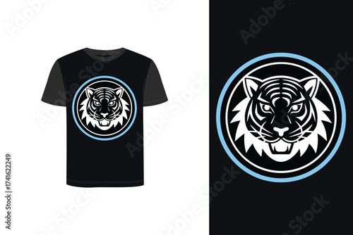 Tshirt mockup minimalist tiger face graphic in a blue circle emblem animal