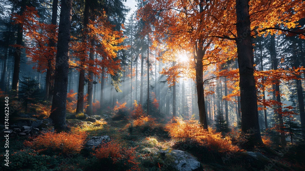 Obraz premium sunlight shining through colorful autumn forest