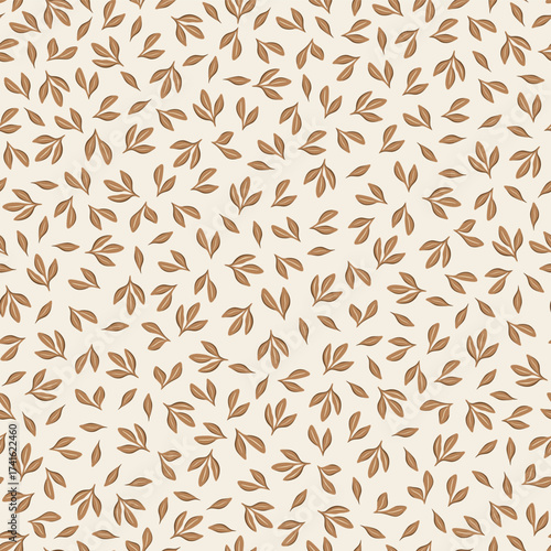 Vector illustration. Minimalist Seamless pattern of delicate autumn leaves. Cozy autumn season. Brown leaves on a beige background. Boho fabric design, wrapping paper
