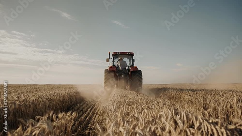 Red tractor working in a golden wheat field under a bright blue sky during harvest season