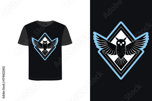 Tshirt mockup owl with outstretched wings inside a diamond frame a t-shirt blue