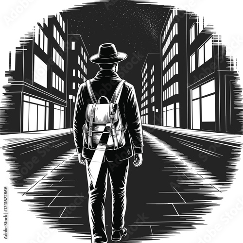 Black and white illustration of man with backpack walking alone on empty city street at night under starry sky