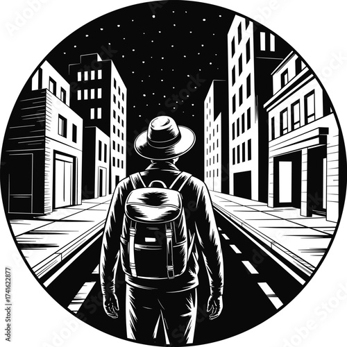 Black and white illustration of man with backpack walking alone on empty city street at night under starry sky