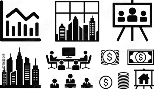 Business finance growth icons with office buildings, meeting presentation, charts, money investment, teamwork strategy,