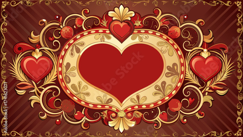 Elegant European Valentine’s card template, ornate decorative frame with hearts, Victorian border design, festive background, central space blank for message, perfect for seasonal greeting, love celeb
