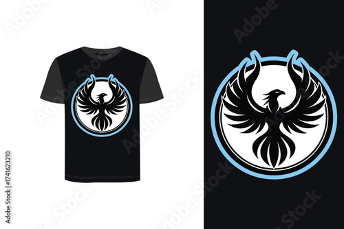 Tshirt mockup phoenix bird with outstretched wings in a circular frame vector