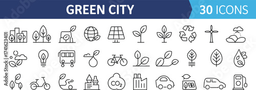Green city eco friendly line icons set, sustainability urban design, renewable energy, recycling, green transport