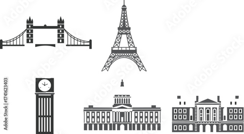 Famous world landmarks silhouette illustration, Eiffel Tower, Big Ben, Tower Bridge, historic architecture, travel icons,