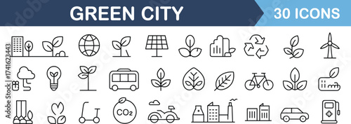 Green city eco friendly line icons set, sustainability urban design, renewable energy, recycling, green transport