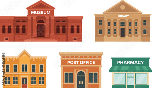 Illustration of museum, library, pharmacy, post office, public buildings, flat vector design, educational institutions,