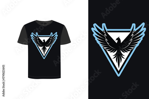 Tshirt mockup phoenix wings spread inside a light blue outlined triangle bird