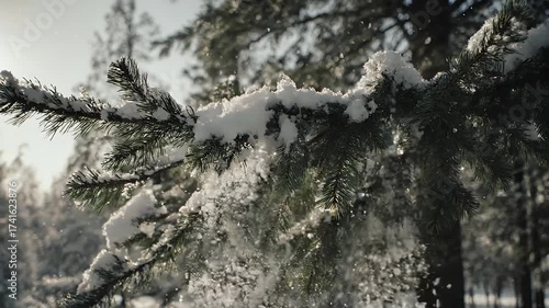 Snow covered pine tree branch glistening in soft winter sunlight with falling flakes