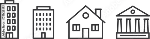 Minimalist line art illustration of buildings, office, apartment, house, and government institution, real estate concept, black outline icons
