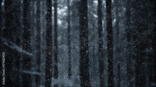 Snow falls gently through dark trees in a cold winter forest scene