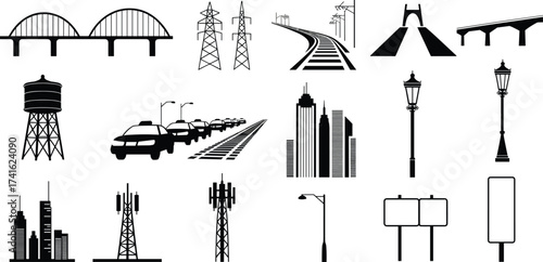 Urban infrastructure icons collection, black and white city elements, roads, buildings, bridges, traffic, utilities, railways,
