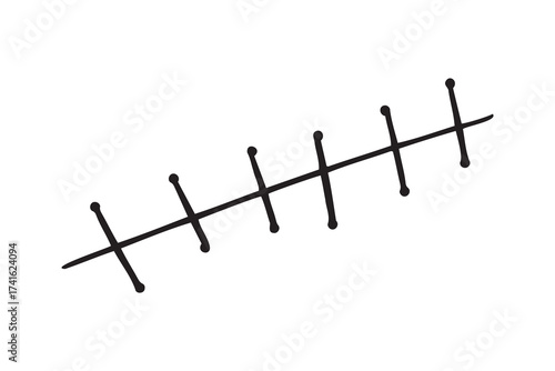 Rough seam, scar, cut, patch doodle hand drawn line Halloween element. Simple black line vector drawing