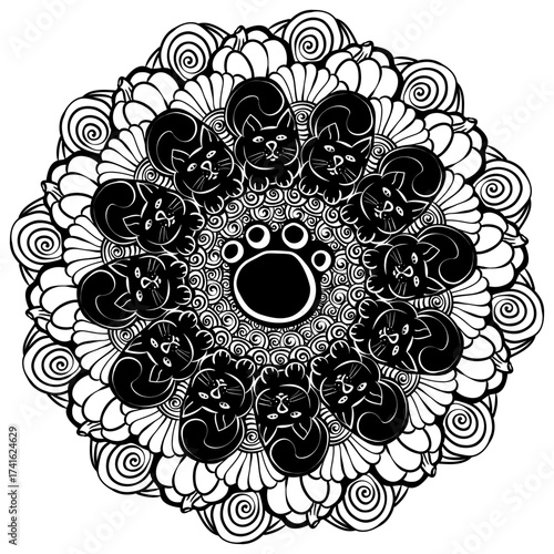 Tangled outline mandala with a black cat, Halloween activity coloring page for kids and adults