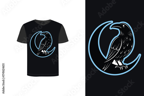 Tshirt mockup raven silhouette perched a light blue crescent moon graphic crow bird