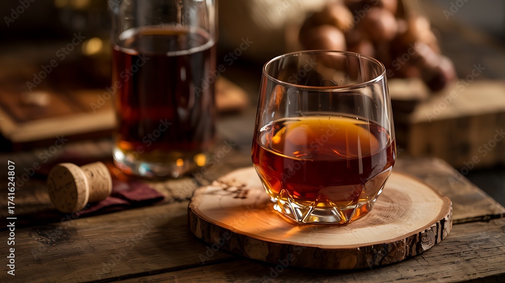 Fototapeta premium Golden Whiskey in Crystal Glass on Rustic Wooden Coaster