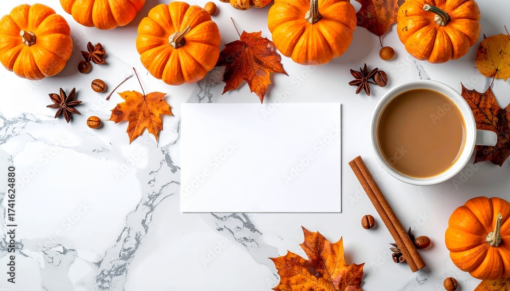 Fototapeta premium Minimalist Halloween Flat Lay with Autumn Elements and Copy Space
