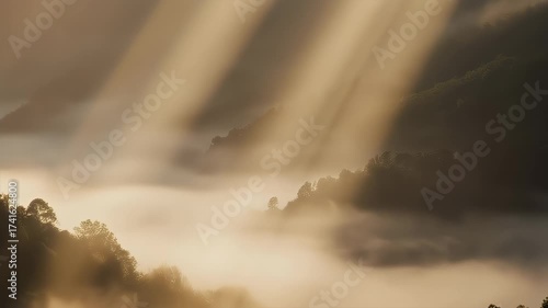 Sunbeams piercing through fog in a misty mountain valley at dawn
