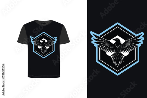 Tshirt mockup raven with outstretched wings inside a blue hexagon bird spread